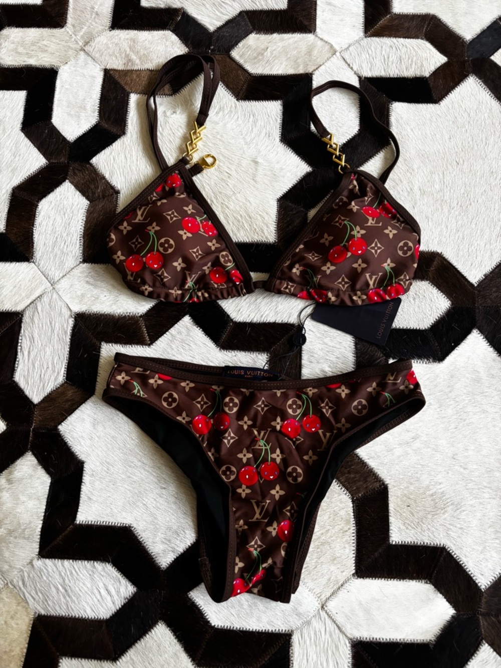 🍒🤎❤️ LV Brown Cherry Print Triangle Bikini